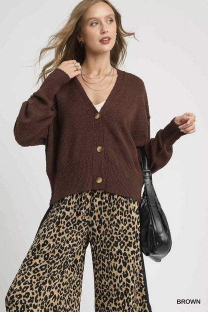 Brown Umgee button-front V-neck knit cardigan with long sleeves, featuring a cozy, stylish design perfect for casual wear.