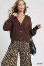 Brown Umgee button-front V-neck knit cardigan with long sleeves, featuring a cozy, stylish design perfect for casual wear.