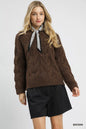 Brown Umgee Cable Knit Cozy Sweater from Trendsi, featuring a classic knit pattern and relaxed fit, perfect for cold weather.