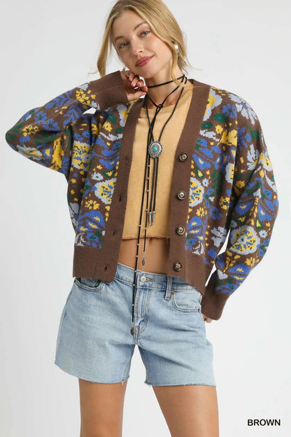 Brown floral knit button-up cardigan by Umgee featuring a cozy design and front buttons, perfect for casual wear.