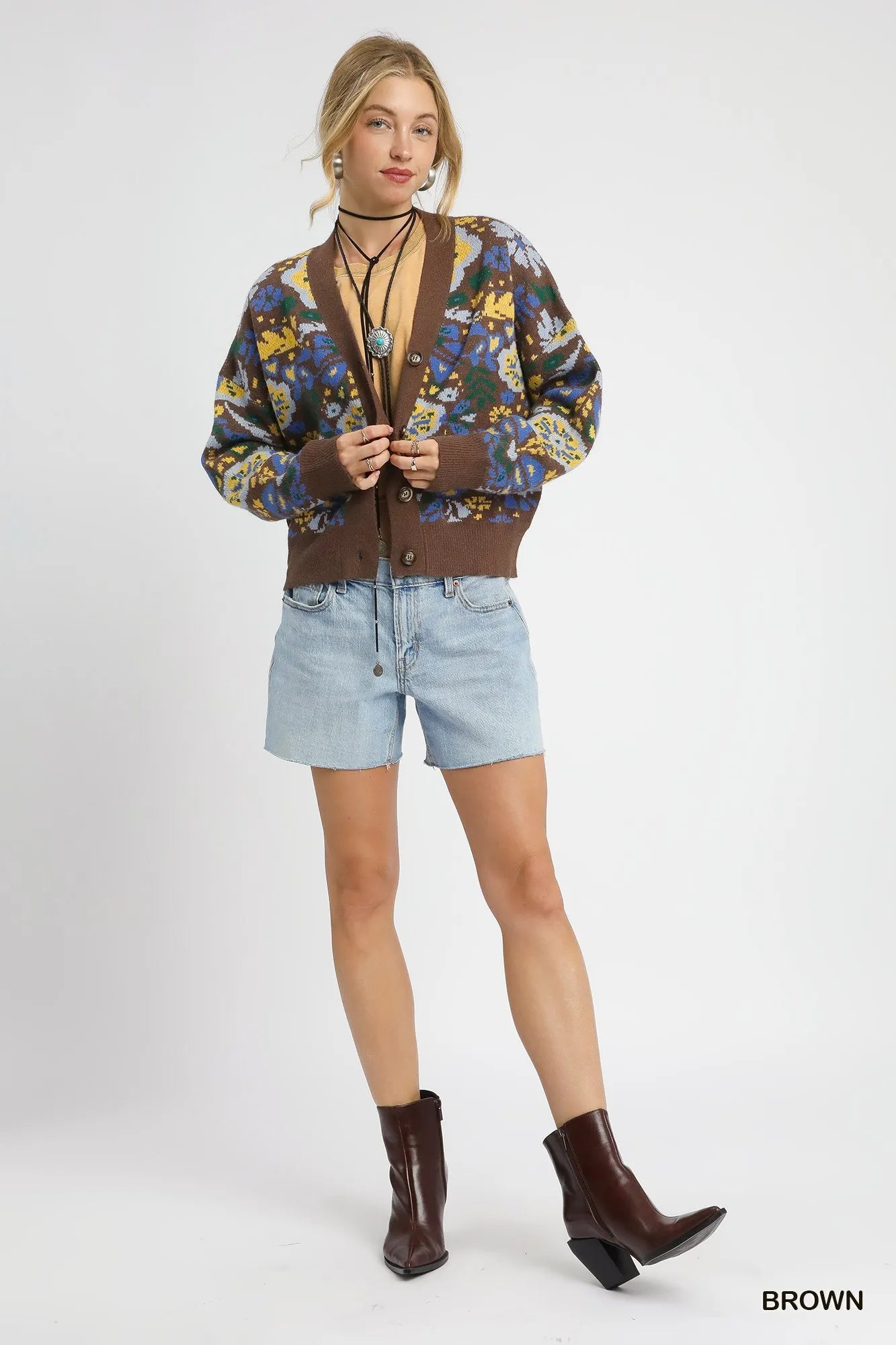 Brown floral knit button-up cardigan by Umgee featuring a cozy design and front buttons, perfect for casual layering.