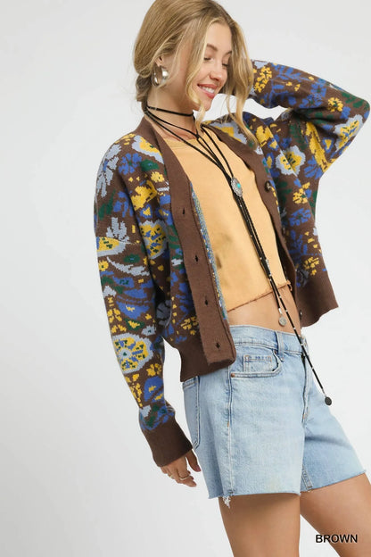 Brown floral knit button-up cardigan by Umgee featuring a cozy, patterned design and front buttons.