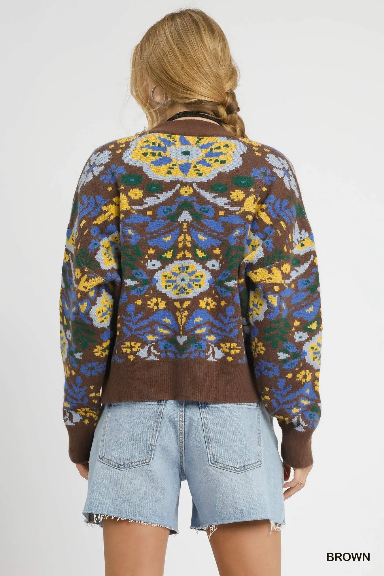 Brown floral knit button-up cardigan by Umgee featuring a cozy design and front buttons, perfect for casual wear.