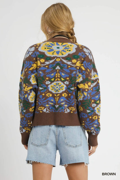 Brown floral knit button-up cardigan by Umgee featuring a cozy design and front buttons, perfect for casual wear.