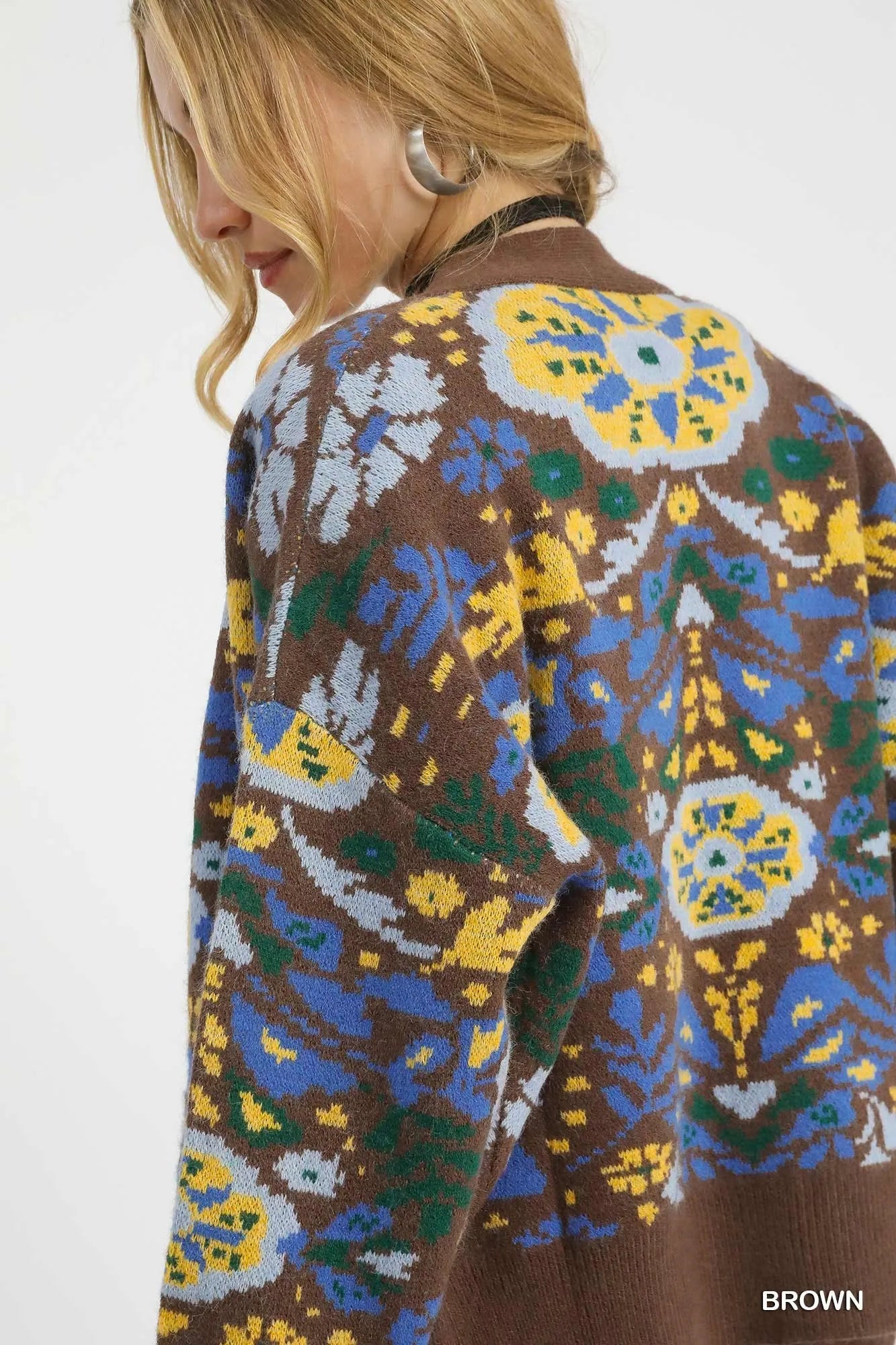 Brown Umgee floral knit button-up cardigan with a relaxed fit, featuring a V-neck, button closure, and floral pattern details.