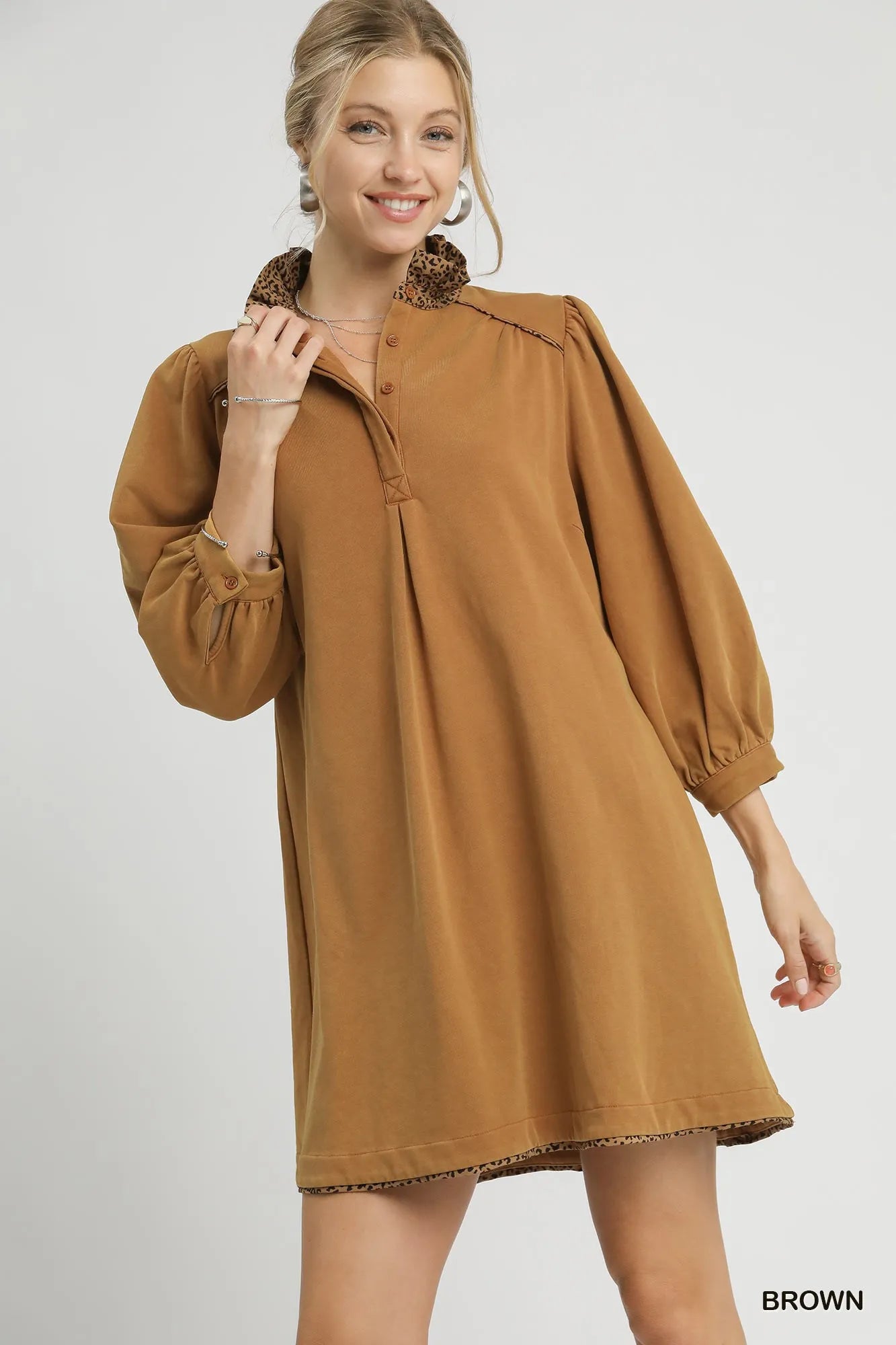 Brown Umgee French Terry balloon sleeve shift dress with leopard print detail, casual and stylish women's fashion.