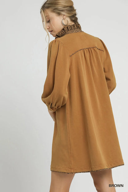 Brown Umgee French Terry balloon sleeve shift dress with leopard print detail, casual and stylish for everyday wear.