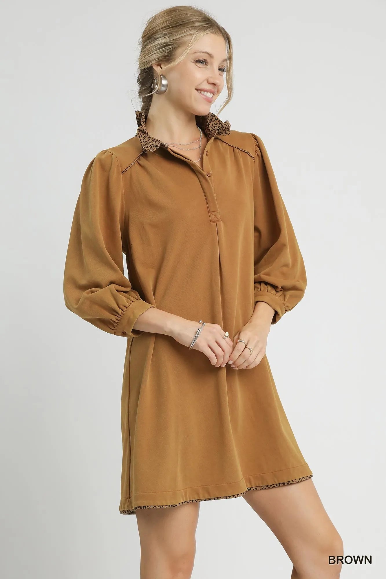 Brown Umgee French Terry shift dress with balloon sleeves and leopard print detail, casual and comfortable women's dress.