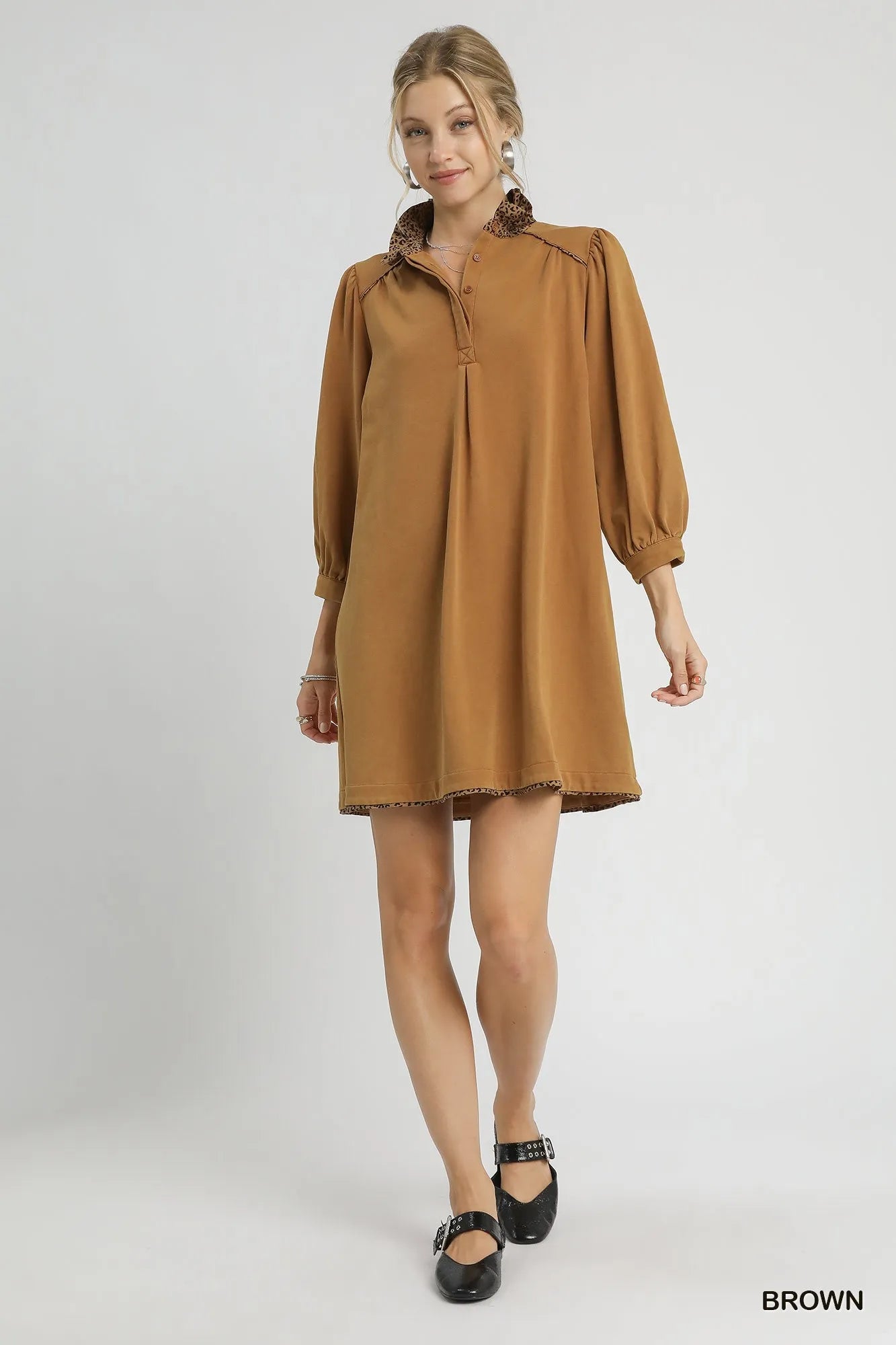Brown Umgee French Terry shift dress with balloon sleeves and leopard print detail, perfect for casual or chic occasions.
