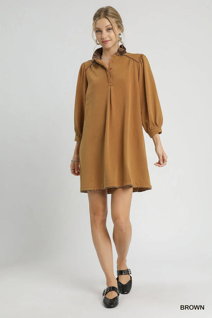 Brown Umgee French Terry shift dress with balloon sleeves and leopard print detail, perfect for casual or chic occasions.