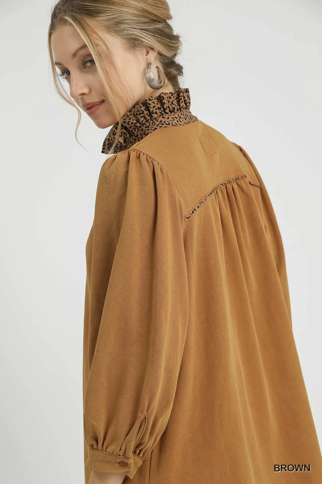 Brown Umgee French Terry balloon sleeve shift dress with leopard print detail, featuring a casual, stylish silhouette.