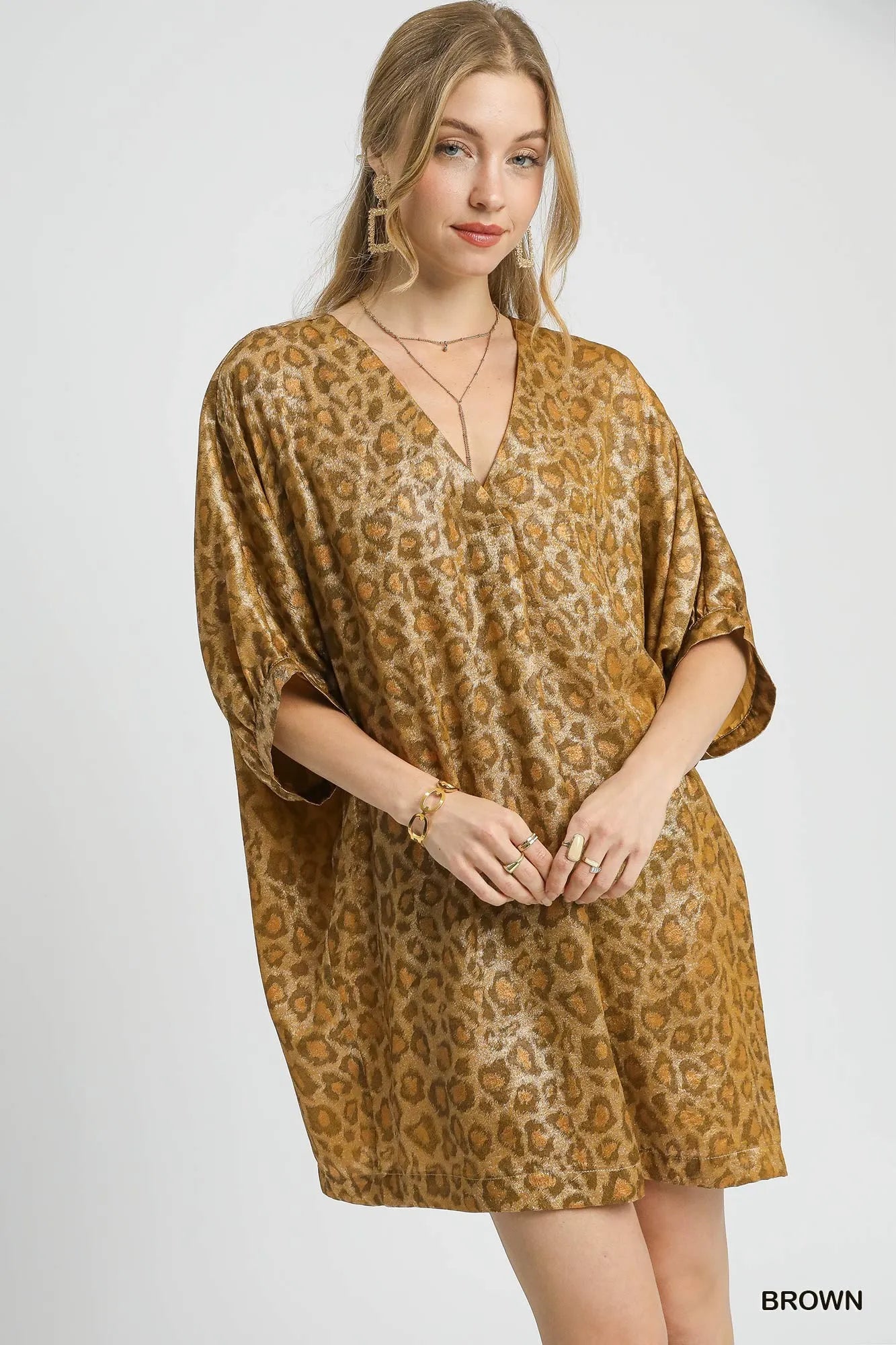 Brown metallic leopard print Umgee kimono dress with V-neck, flowing silhouette, and long sleeves, perfect for stylish occasions.
