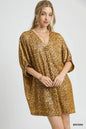 Brown metallic leopard print Umgee kimono dress with V-neck, flowing silhouette, and long sleeves, perfect for stylish occasions.