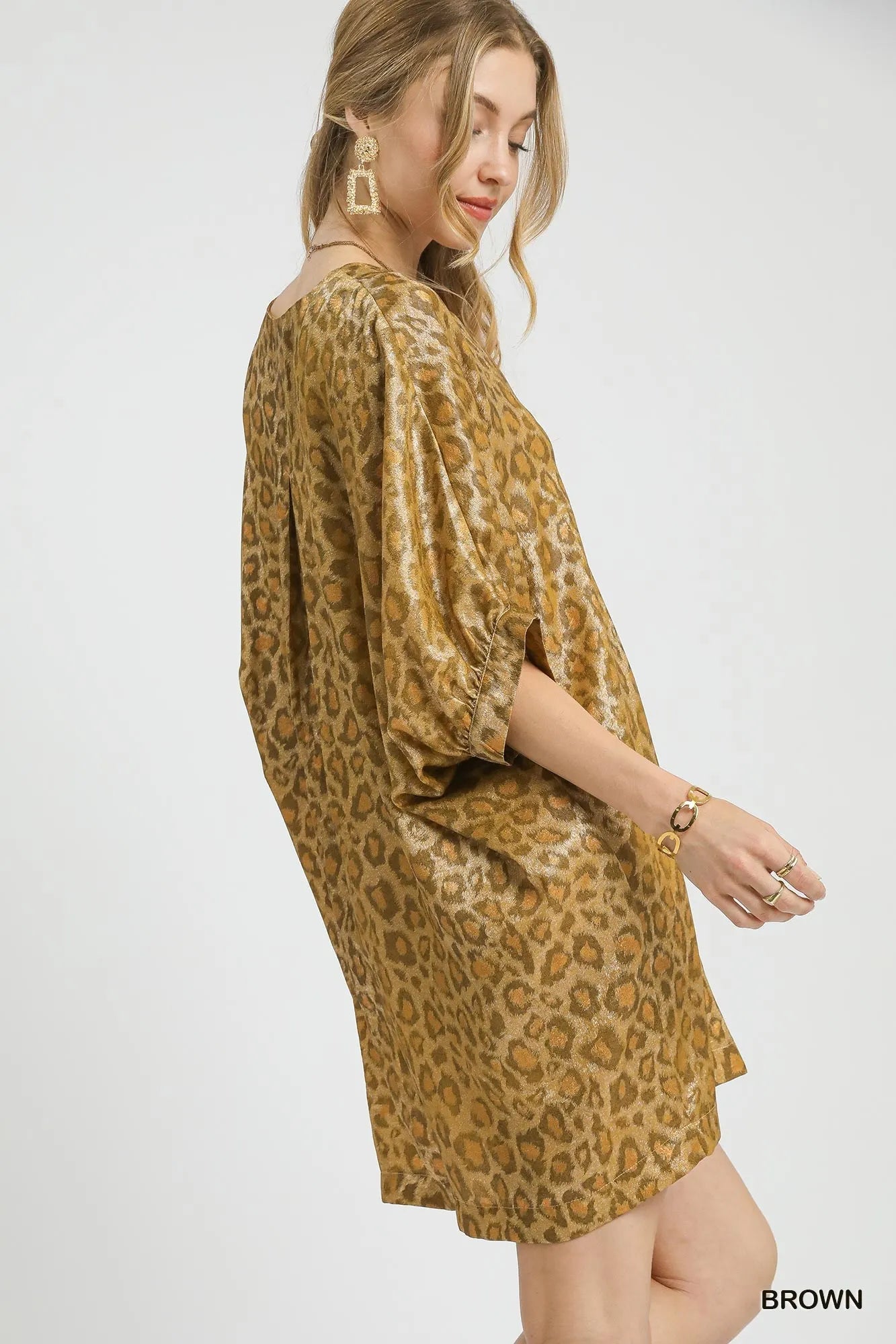 Brown metallic leopard print V-neck kimono dress by Umgee featuring flowing fabric and stylish design.