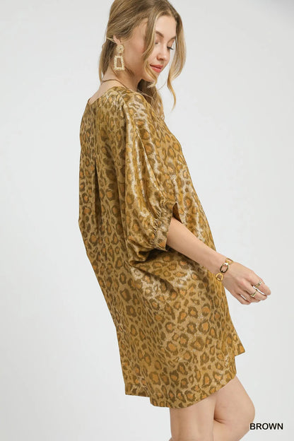 Brown metallic leopard print V-neck kimono dress by Umgee featuring flowing fabric and stylish design.