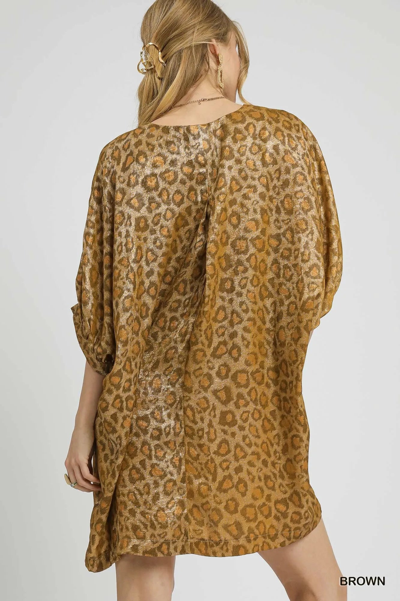 Brown metallic leopard print V-neck kimono dress by Umgee, flowing fabric with stylish print and relaxed fit.