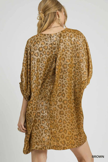 Brown metallic leopard print V-neck kimono dress by Umgee, flowing fabric with stylish print and relaxed fit.