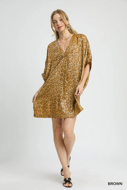 Brown metallic leopard print V-neck kimono dress by Umgee with flowing fabric and long sleeves.