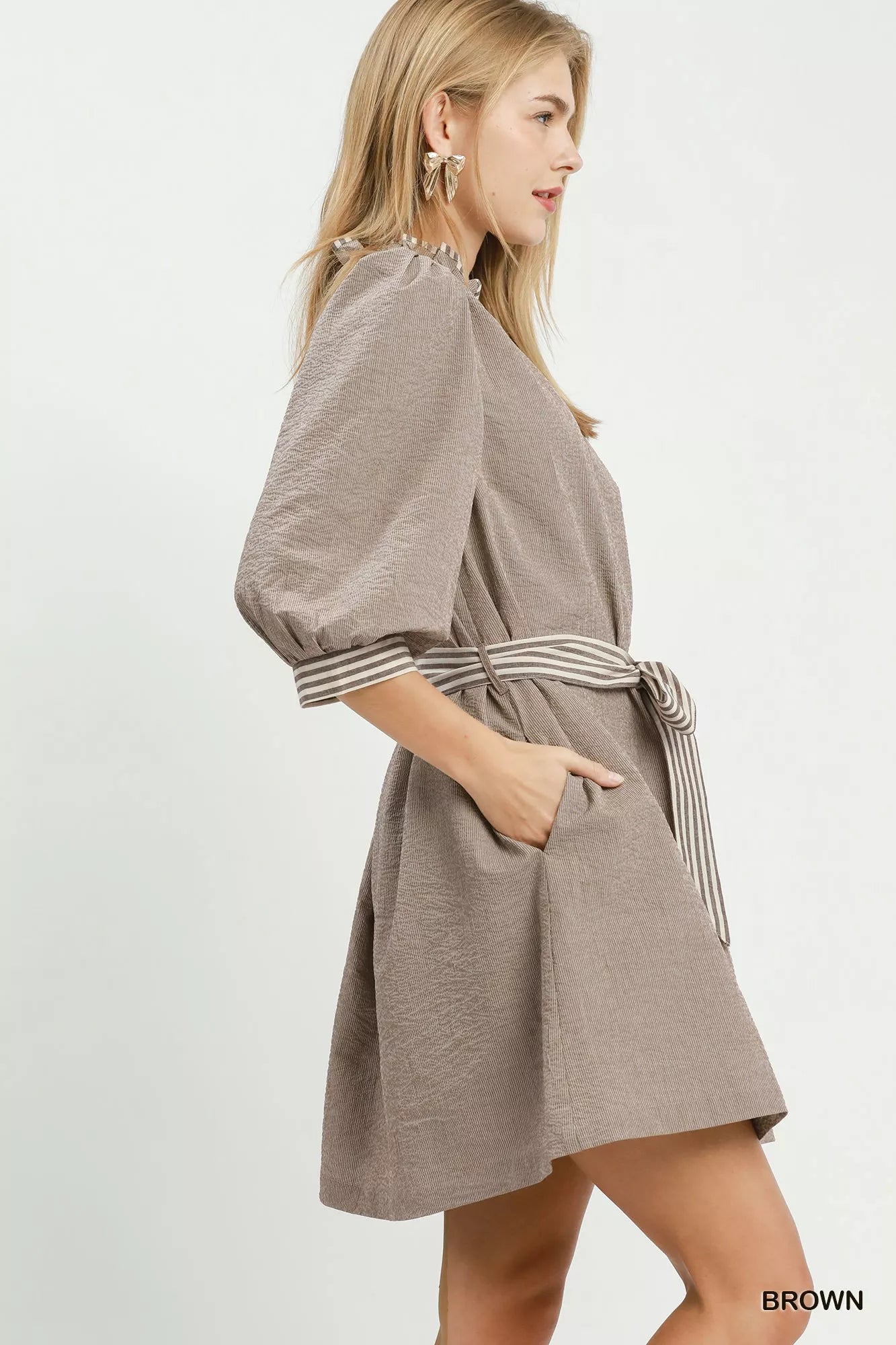 Brown Umgee textured mini dress with contrast trim and tie waist, stylish and casual for everyday wear