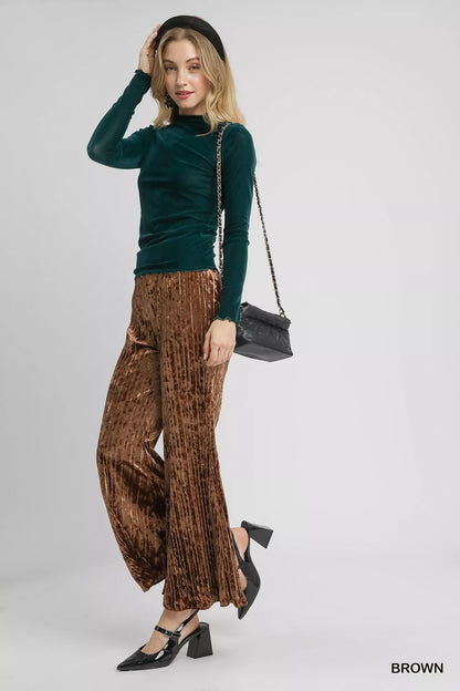 Brown Umgee velvet pleated wide-leg pants with a relaxed fit and high waist, stylish and comfortable for casual or dressy outfits.