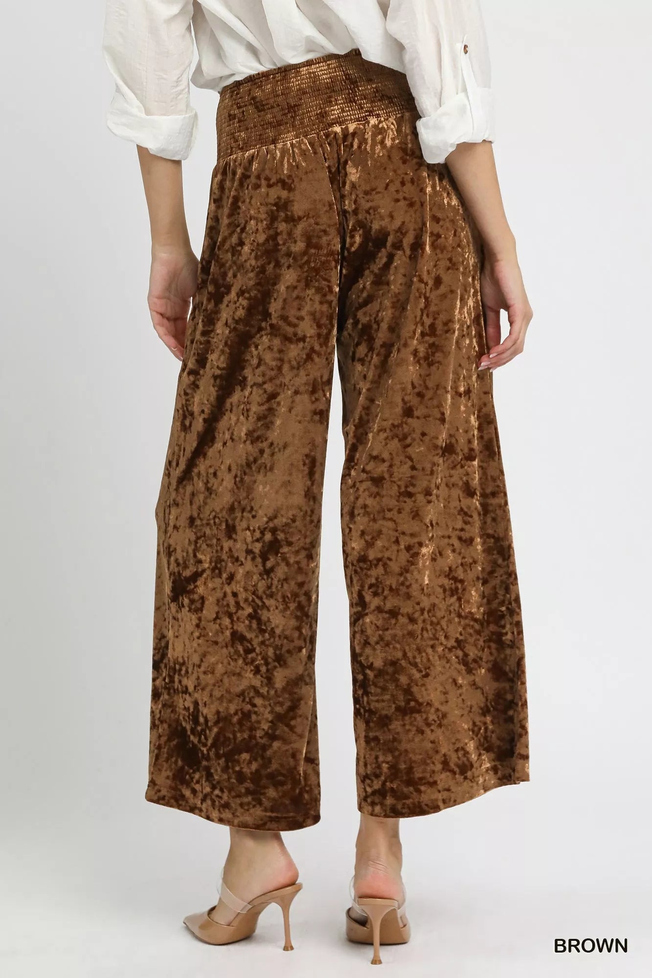 Brown Umgee velvet wide-leg pants with smocked waistband and relaxed fit, stylish and comfortable women's fashion.