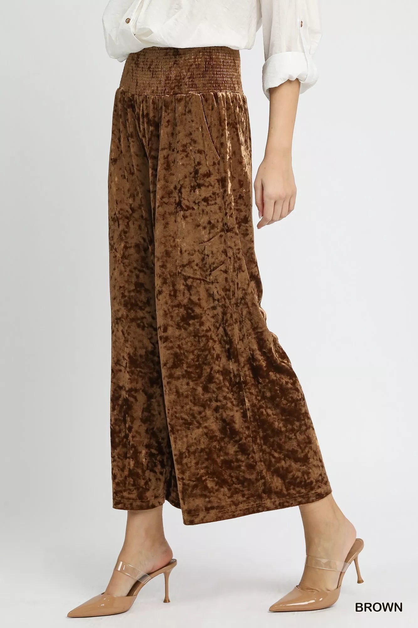 Brown Umgee velvet wide leg pants with smocked waistband, relaxed fit, and flowy silhouette, perfect for stylish casual wear.
