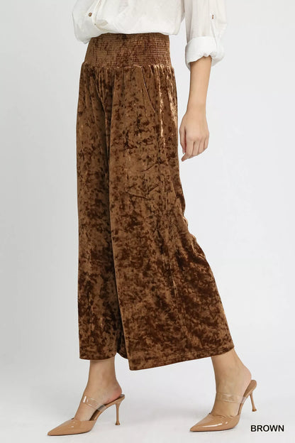 Brown Umgee velvet wide leg pants with smocked waistband, relaxed fit, and flowy silhouette, perfect for stylish casual wear.