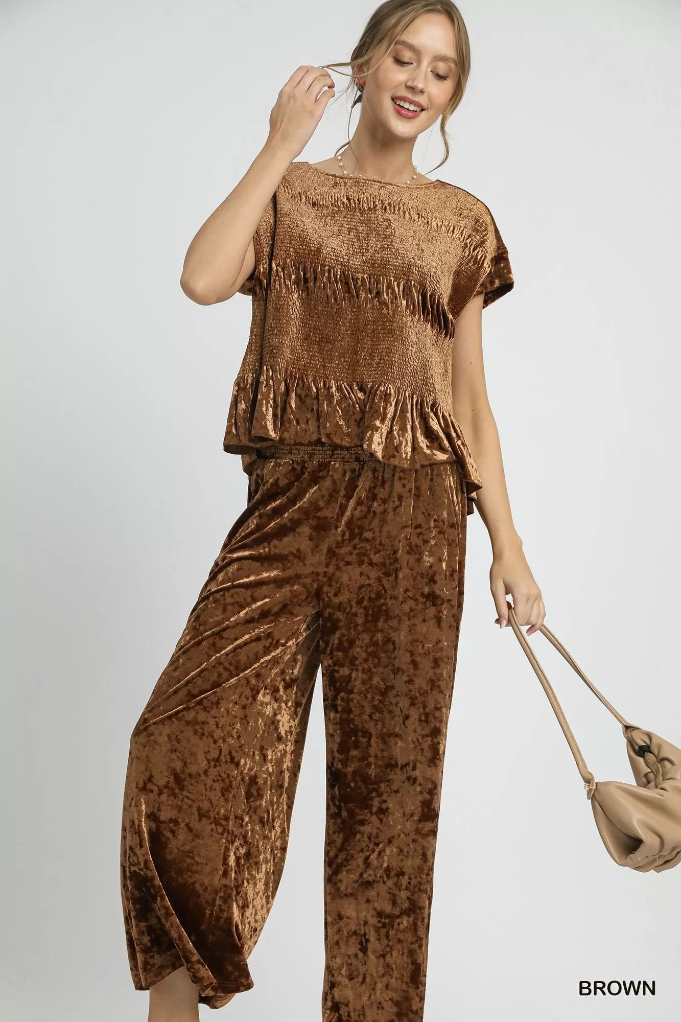 Brown Umgee velvet wide leg pants with smocked waistband and relaxed fit, perfect for casual and stylish outfits.