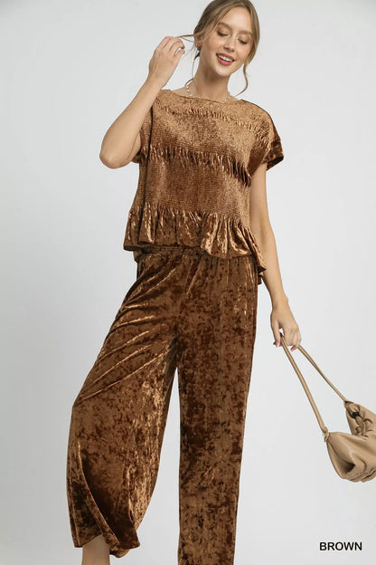 Brown Umgee velvet wide leg pants with smocked waistband and relaxed fit, perfect for casual and stylish outfits.