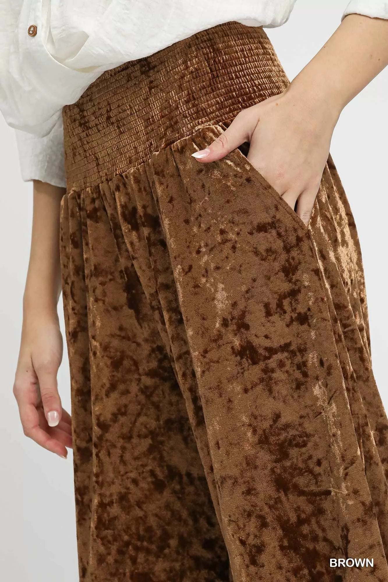 Brown Umgee velvet wide-leg pants with smocked waistband, stylish and comfortable for casual or dressy occasions.