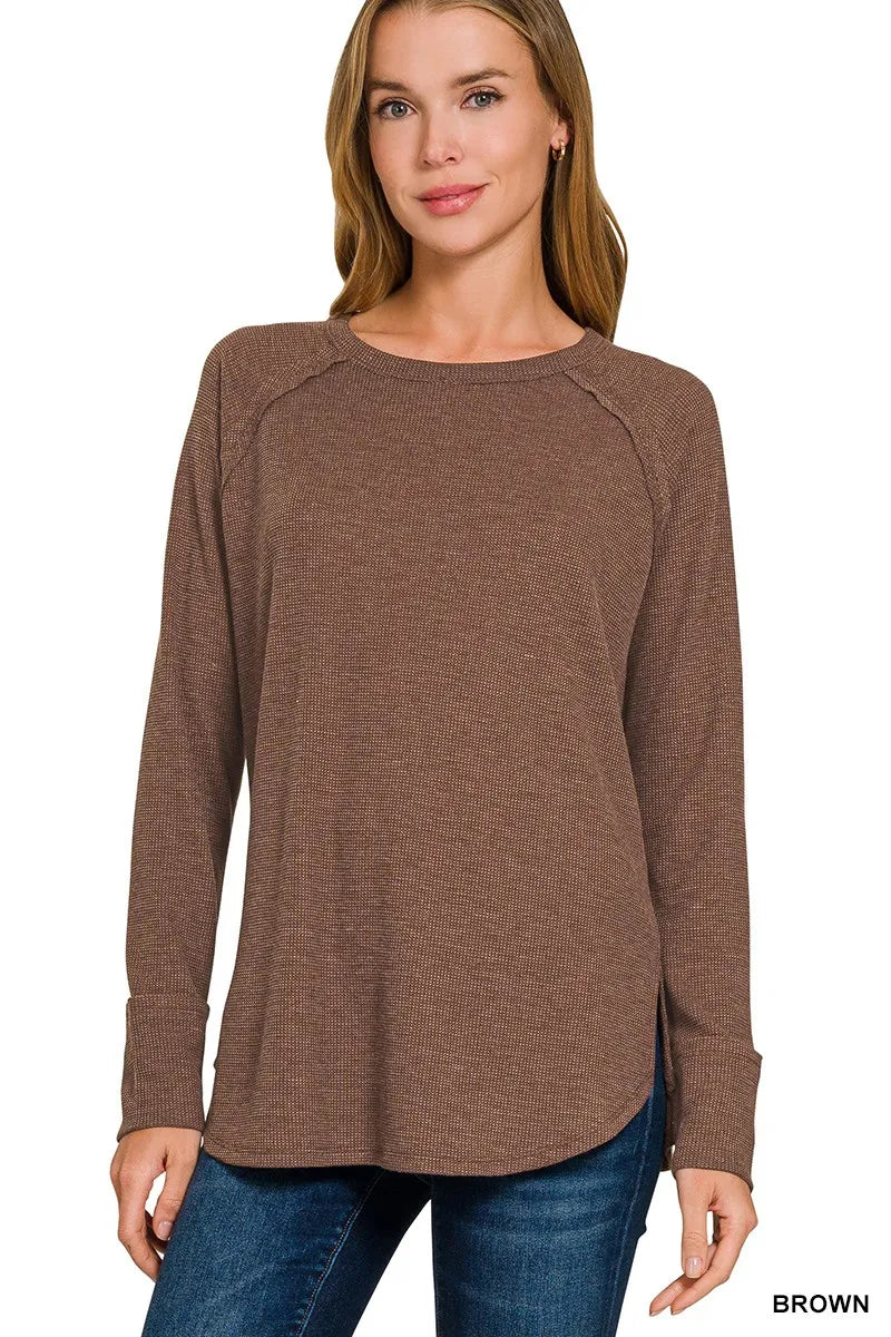 Brown Zenana Baby Waffle Long Sleeve Top for kids, featuring a cozy waffle-knit fabric and long sleeves.
