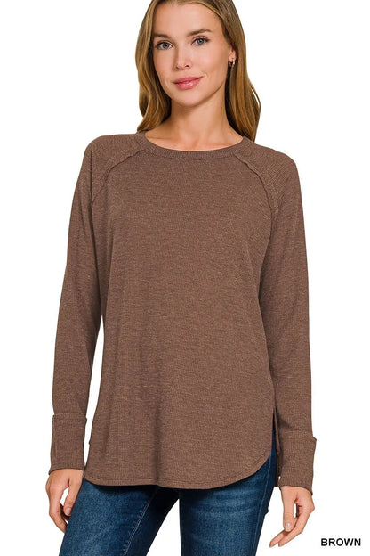 Brown Zenana Baby Waffle Long Sleeve Top for kids, featuring a cozy waffle-knit fabric and long sleeves.
