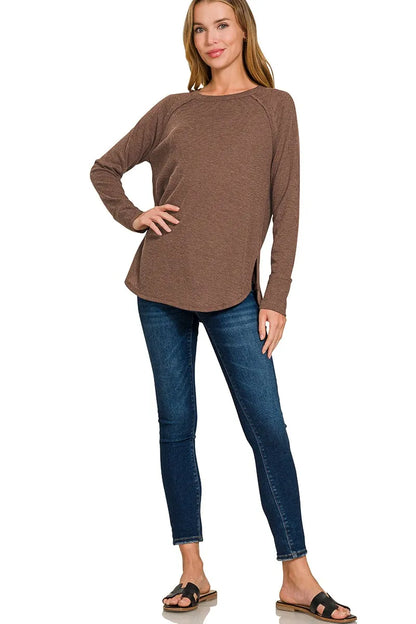 Brown Zenana Baby Waffle Long Sleeve Top by Trendsi, featuring soft fabric, round neckline, and long sleeves for cozy wear.
