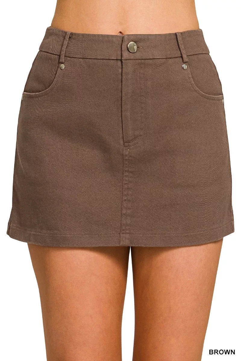 Brown Zenana cotton twill lined mini skirt with a fitted waist and casual style, perfect for everyday wear.