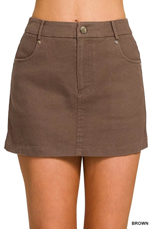 Brown Zenana cotton twill lined mini skirt with a fitted waist and casual style, perfect for everyday wear.