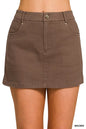 Brown Zenana cotton twill lined mini skirt with a fitted waist and casual style, perfect for everyday wear.