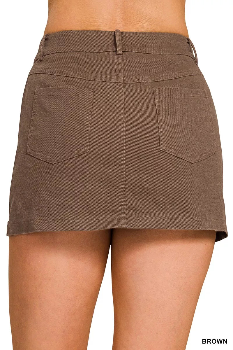 Brown Zenana cotton twill lined mini skirt, stylish and casual, shown on model with side pockets and a high waist.
