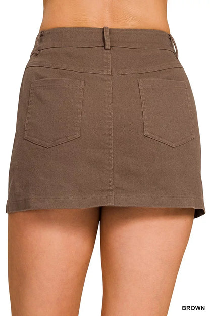 Brown Zenana cotton twill lined mini skirt, stylish and casual, shown on model with side pockets and a high waist.