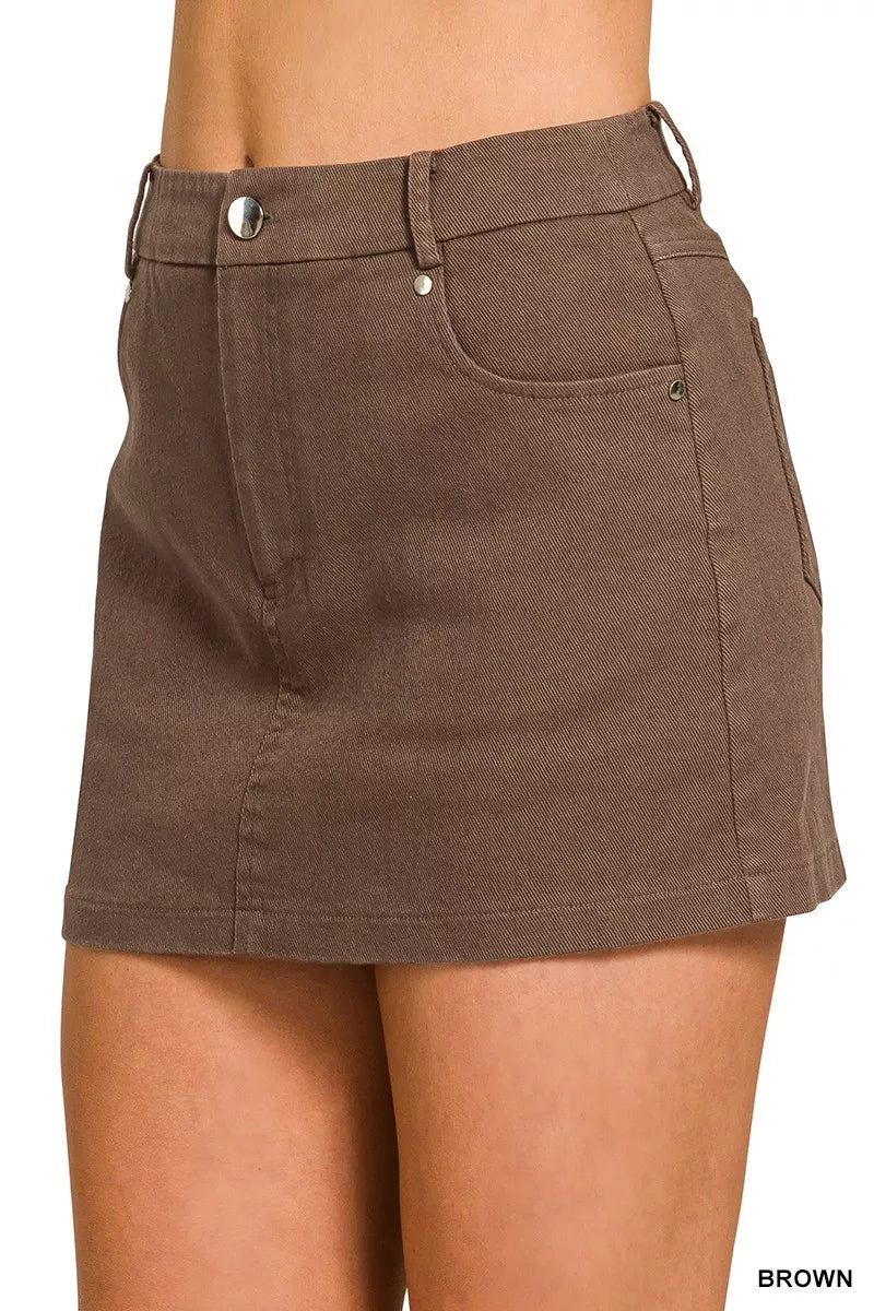 Brown Zenana cotton twill lined mini skirt with a fitted waistband and stylish design, perfect for casual and chic looks.