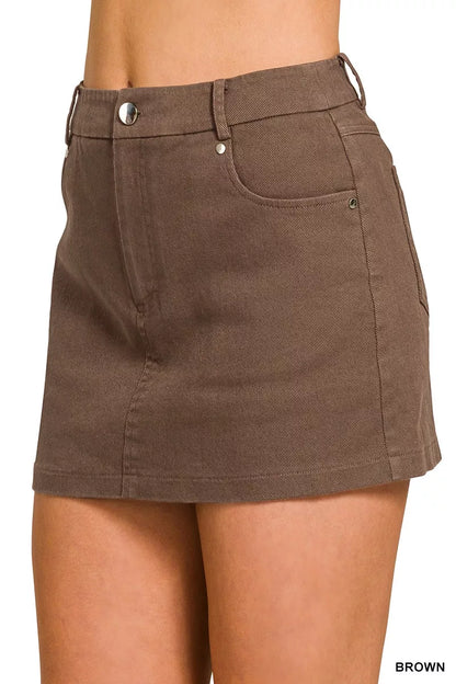 Brown Zenana cotton twill lined mini skirt with a fitted waistband and stylish design, perfect for casual and chic looks.