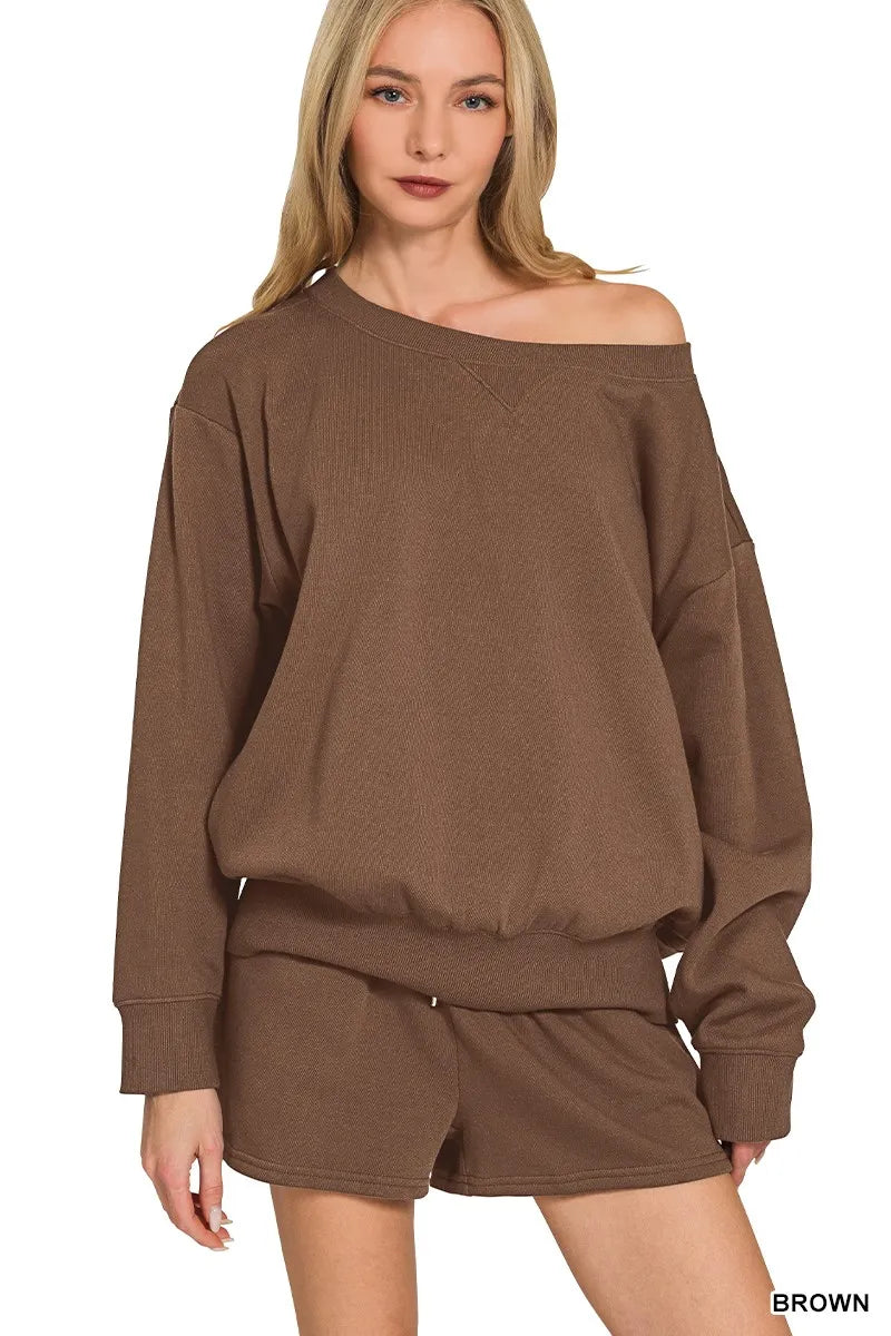 Brown Zenana fleece sweatshirt and shorts set featuring a boat neck, casual comfort, and relaxed fit.