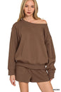 Brown Zenana fleece sweatshirt and shorts set featuring a boat neck, casual comfort, and relaxed fit.
