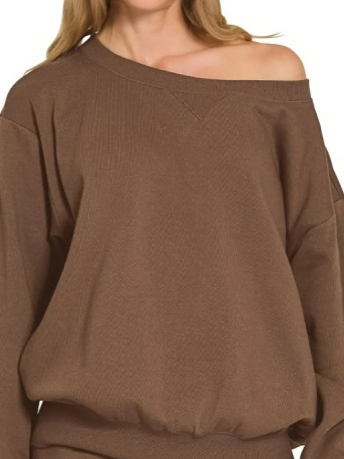 Brown Zenana fleece boat neck sweatshirt and shorts set, casual loungewear with comfortable fit and relaxed style.