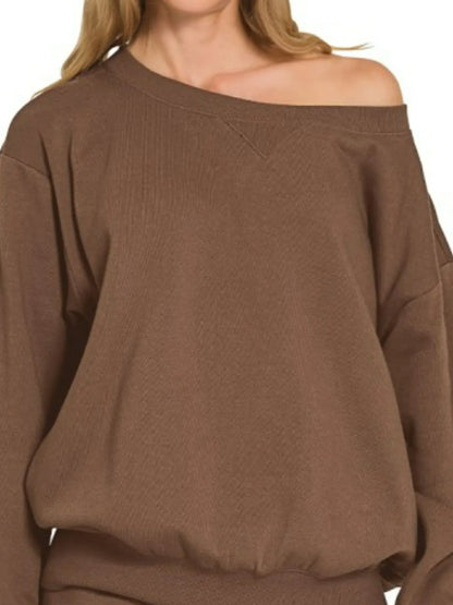 Brown Zenana fleece boat neck sweatshirt and shorts set, casual loungewear with comfortable fit and relaxed style.