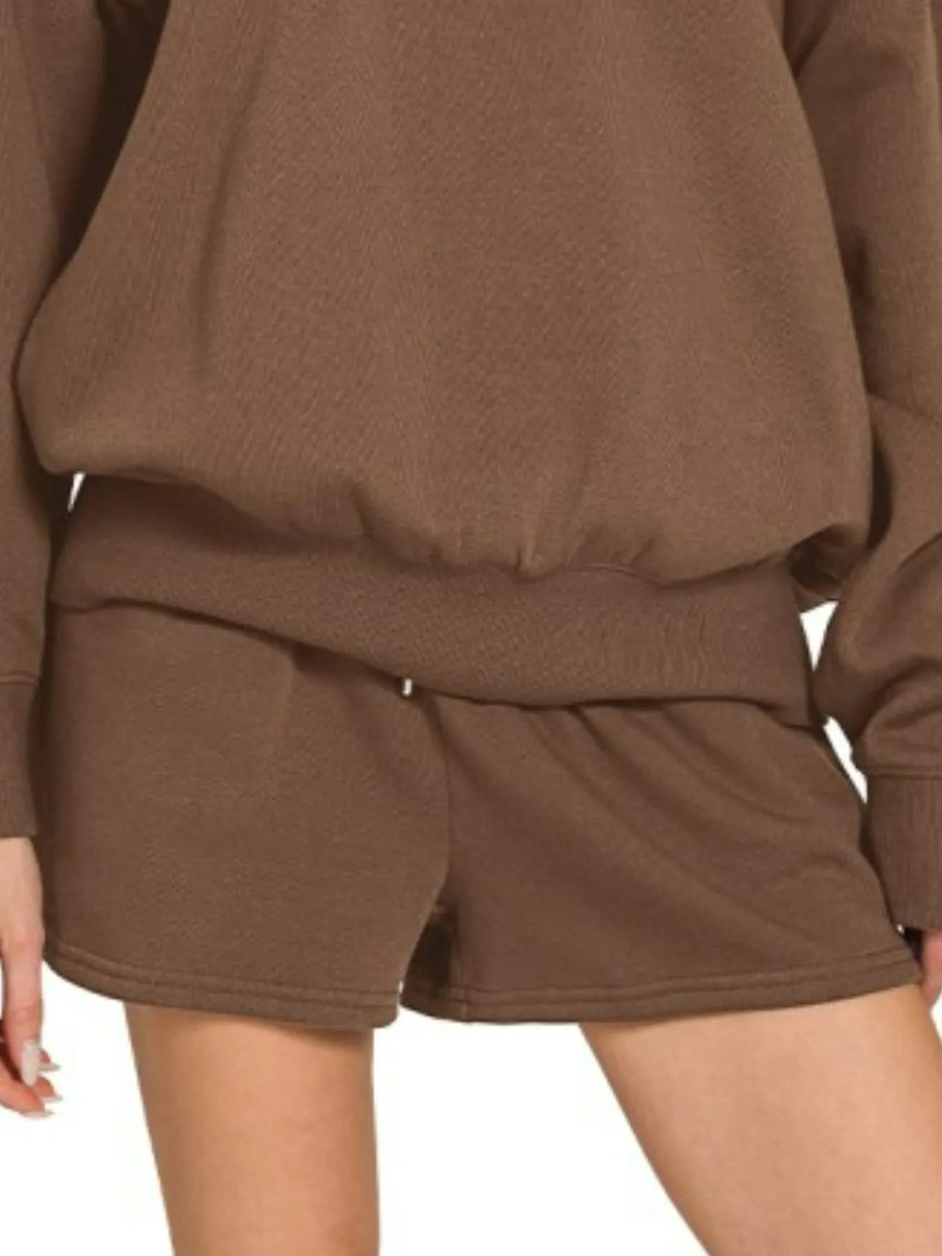 Brown Zenana fleece sweatshirt and shorts set with boat neck, casual loungewear from Trendsi.