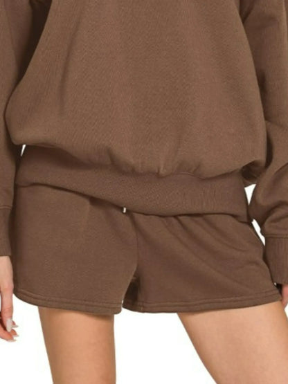 Brown Zenana fleece sweatshirt and shorts set with boat neck, casual loungewear from Trendsi.