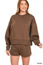 Brown Zenana fleece sweatshirt and shorts set with round neck, casual loungewear by Trendsi, shown on a model.