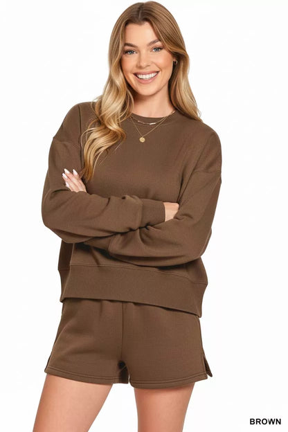 Brown Zenana fleece sweatshirt and shorts set by Trendsi, featuring a round neck and comfortable casual style.