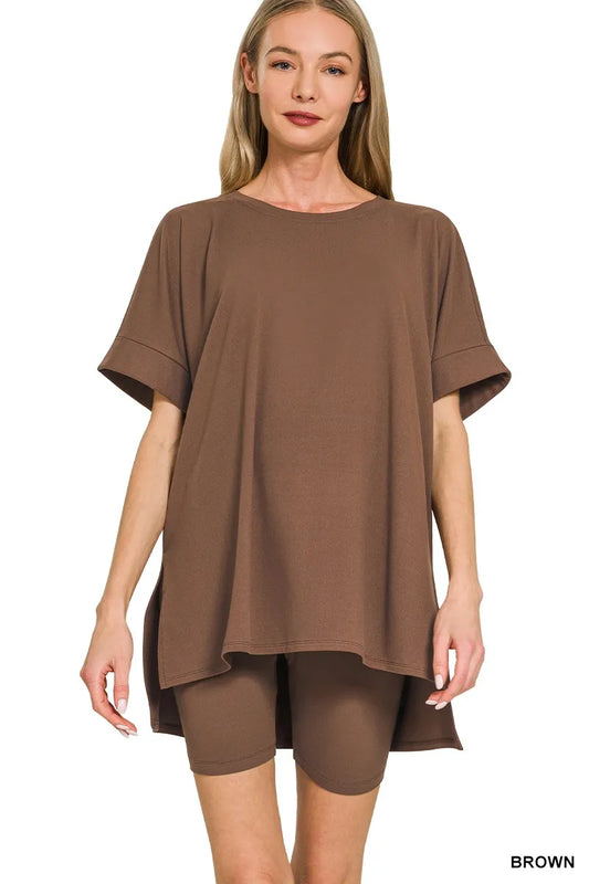 Plus size Zenana microfiber round neck top and biker shorts set in brown, soft and comfortable for casual wear.