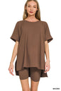Plus size Zenana microfiber round neck top and biker shorts set in brown, soft and comfortable for casual wear.